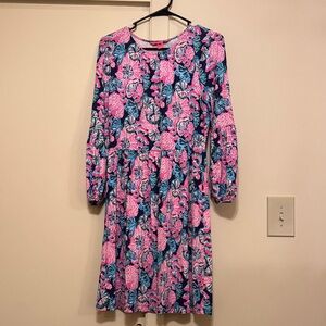 Lilly Pulitzer Auralia dress in the Oyster Bay Navy Shroom With A View pattern